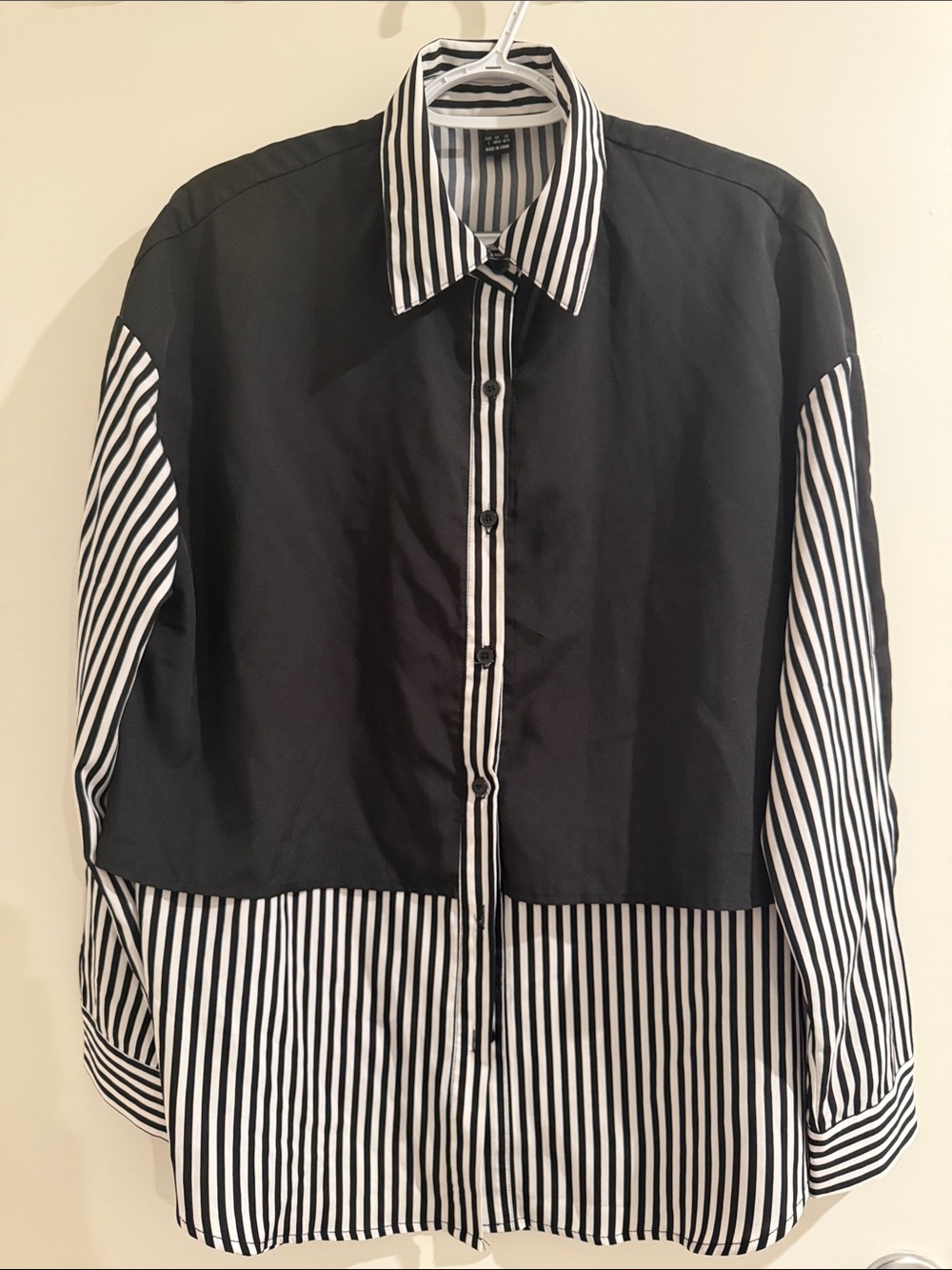 Black & White Striped Panel Button-Up Shirt